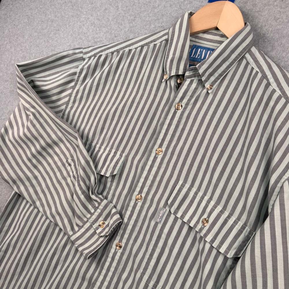 Vintage Levis Shirt Mens Medium Gray Teal Striped Silver Tab Button Up Pockets